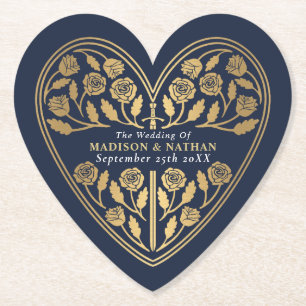 Blue Royal Mediaeval Gold Sword Wedding Paper Coaster