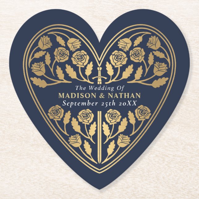 Blue Royal Mediaeval Gold Sword Wedding Paper Coaster (Front)