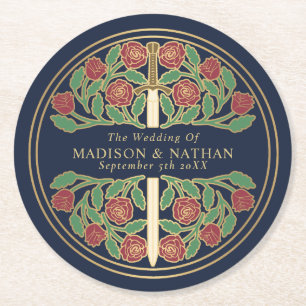 Blue Royal Mediaeval Gold Sword Wedding Round Paper Coaster
