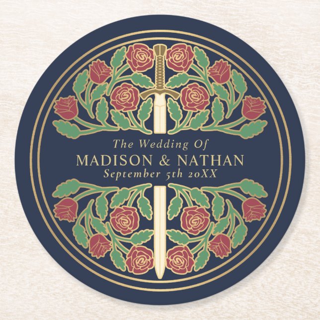 Blue Royal Mediaeval Gold Sword Wedding Round Paper Coaster (Front)