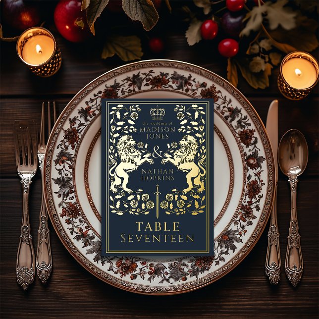 Blue Royal Mediaeval Lion Wedding  Foil Table Card (Creator Uploaded)