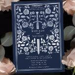 Blue Royal Mediaeval Silver Sword Wedding  Invitation<br><div class="desc">Step into a tale of romance and legend! These mediaeval fantasy wedding invitations feature a regal sword entwined with silver florals on a deep blue backdrop. They are perfect for couples seeking an enchanting and timeless touch for their special day. Note that the silver on these invitations are NOT printed...</div>