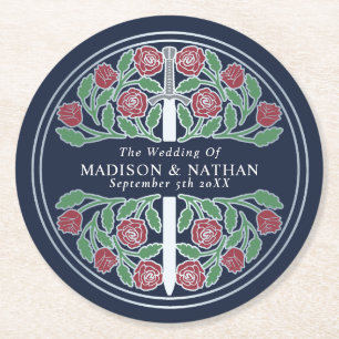 Blue Royal Mediaeval Silver Sword Wedding Round Paper Coaster