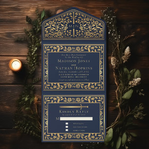 Blue Royal Mediaeval Sword Wedding  All In One Invitation