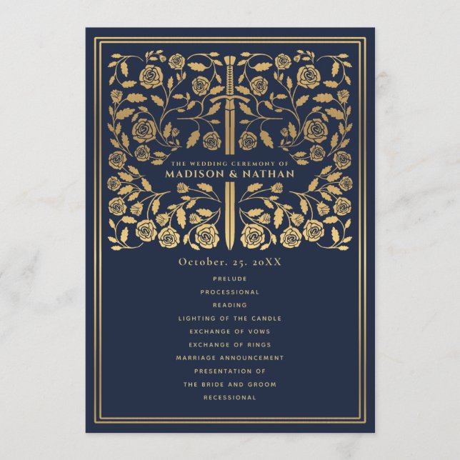 Blue Royal Mediaeval Sword Wedding Program Programme (Front)