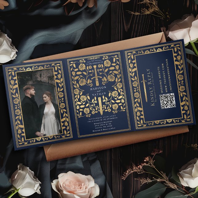 Blue Royal Mediaeval Sword Wedding QR Code Tri-Fold Invitation (Creator Uploaded)