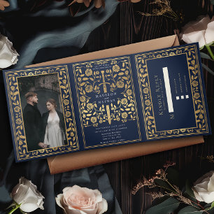 Blue Royal Mediaeval Sword Wedding Tri-Fold Invitation