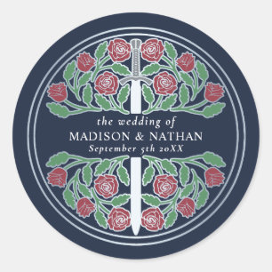 Blue Royal Medieval Silver Sword Wedding  Classic Round Sticker
