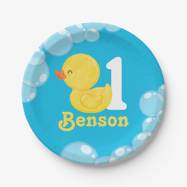 Blue Rubber Duck Personalised Birthday Paper Plate (Front)