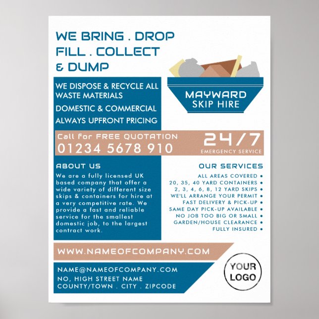 Blue Rubbish Skip Design, Skip/Dumpster Company Poster (Front)