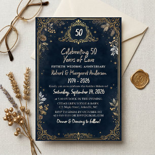 Blue Ruby Script Simple 50th Wedding Anniversary Invitation
