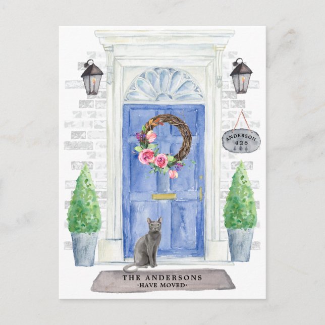 Blue Russian Cat Moving Announcement Postcard (Front)