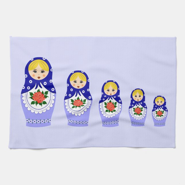 Blue russian matryoshka nesting dolls tea towel (Horizontal)