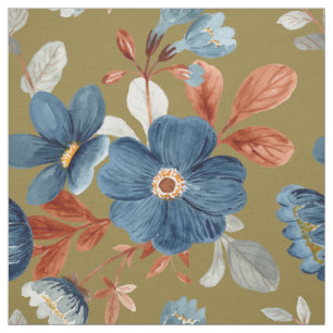 Blue Rust Burnt Orange Floral Olive Green Fabric