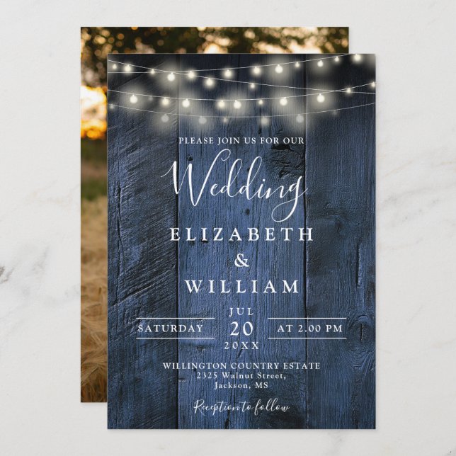 Blue Rustic Barn Wood String Lights Photo Wedding Invitation (Front/Back)