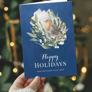 Blue Rustic Bird Non Photo Christmas Holiday Card