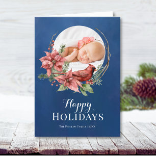 Blue Rustic Bird Wreath Christmas Holiday Card