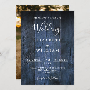 Blue Rustic Boho Barn Wood Photo Wedding Invitation
