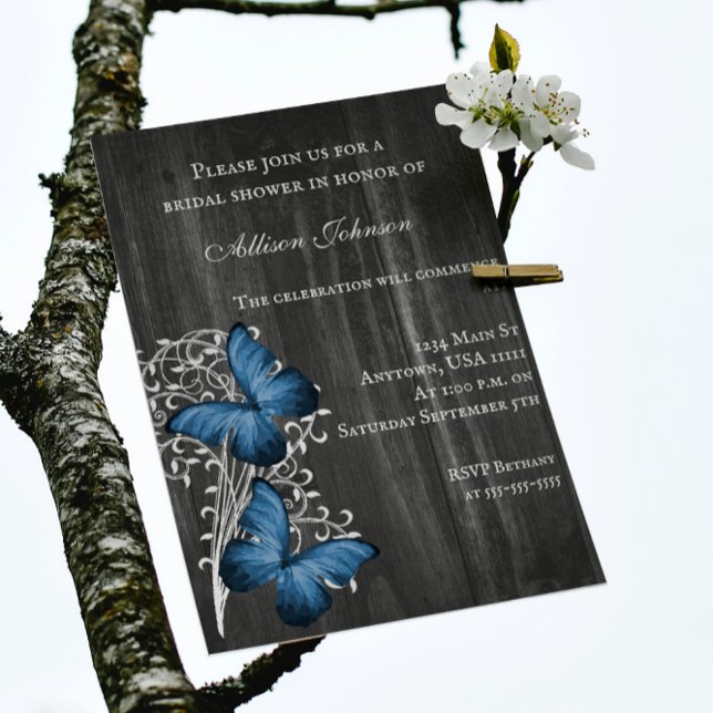 Blue Rustic Butterfly Bridal Shower Invite (Blue Rustic Butterfly Bridal Shower Invitation)