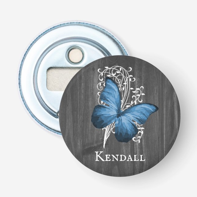 Blue Rustic Butterfly Personalised Bottle Opener (Front)