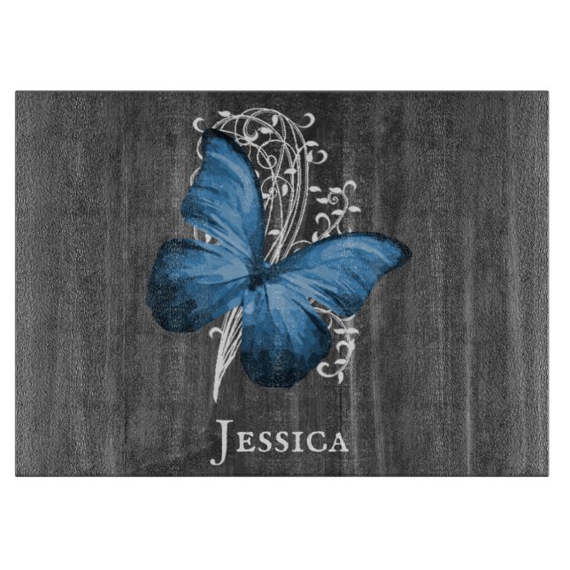 Blue Rustic Butterfly Personalised Cutting Board (Front)