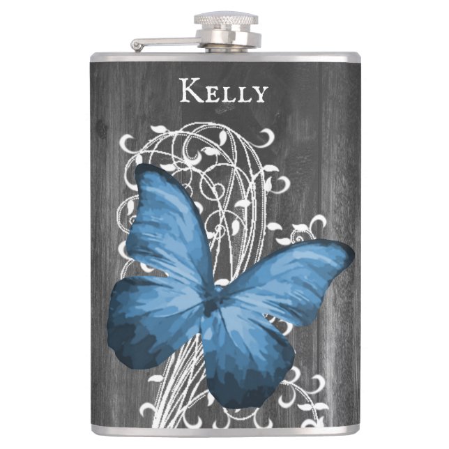 Blue Rustic Butterfly Personalised Flask (Front)