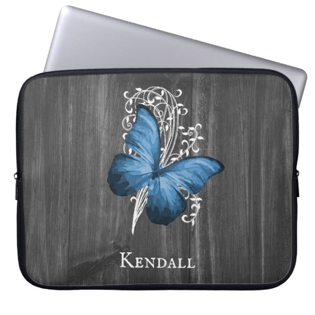 Blue Rustic Butterfly Personalised Laptop Sleeve (Front)