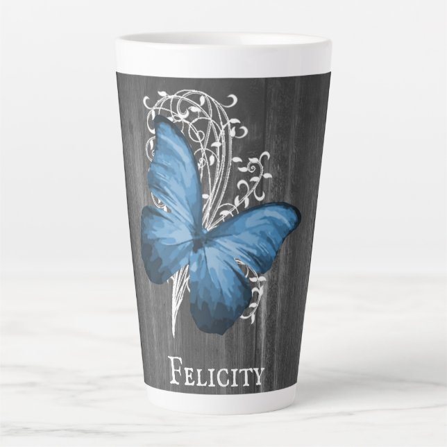 Blue Rustic Butterfly Personalised Latte Mug (Front)