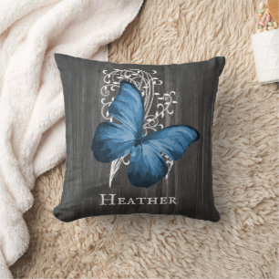 Blue Rustic Butterfly Personalised Throw Pillow