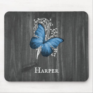 Blue Rustic Butterfly Personalized Mouse Pad
