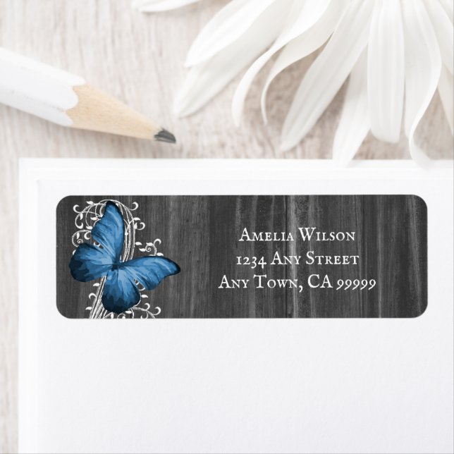Blue Rustic Butterfly Return Address Label (Insitu)