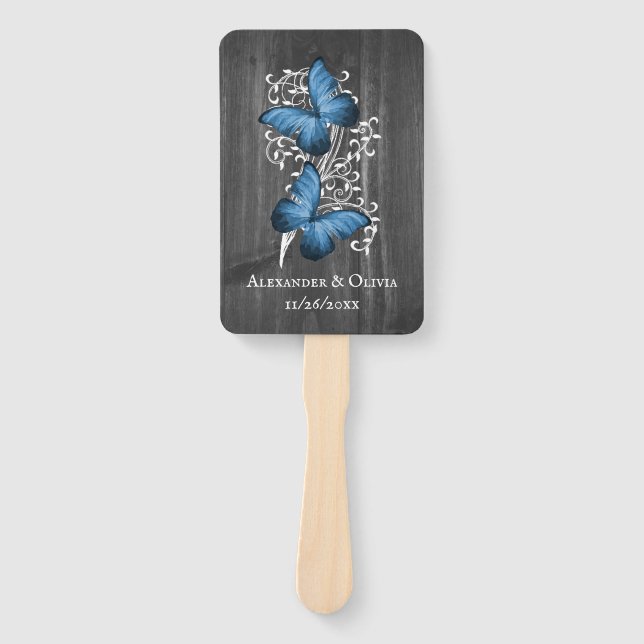 Blue Rustic Butterfly Wedding Favour Hand Fan (Front)