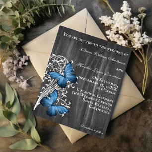 Blue Rustic Butterfly Wedding Invitation