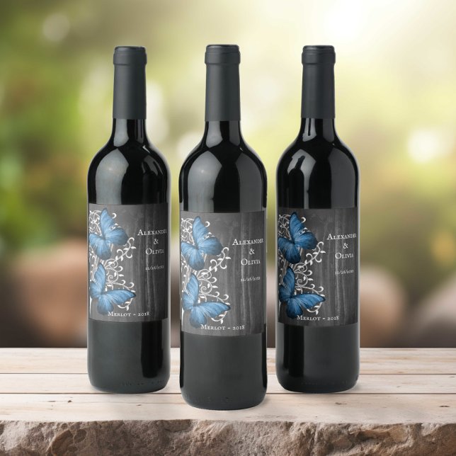 Blue Rustic Butterfly Wedding Wine Label (Blue Rustic Butterfly Wedding Wine Label)