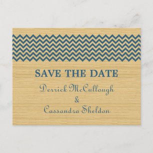 Blue Rustic Chevron Save the Date Postcard