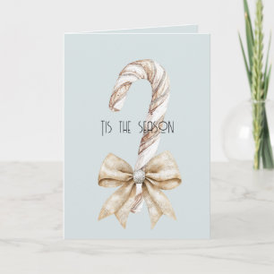 Blue Rustic Christmas Candy Cane Cream Silver Bow Card