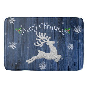 Blue Rustic Christmas Reindeer Bath Mat