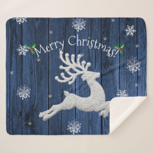 Blue Rustic Christmas Reindeer Sherpa Blanket