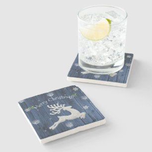 Blue Rustic Christmas Reindeer Stone Coaster