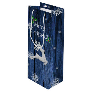 Blue Rustic Christmas Reindeer Wine Gift Bag