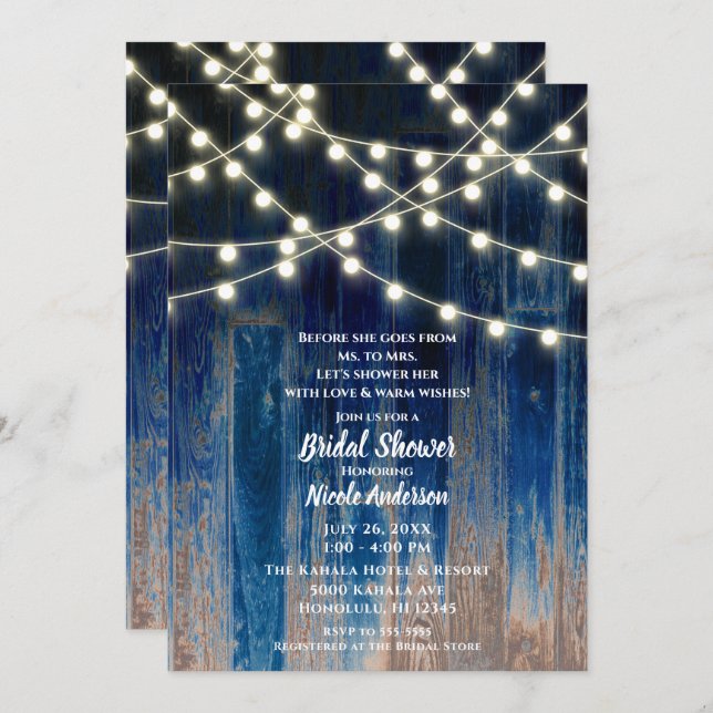 Blue Rustic Coastal Barn Wood Lights Bridal Shower Invitation (Front/Back)