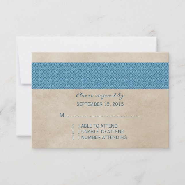 Blue Rustic Damask RSVP Card (Front)