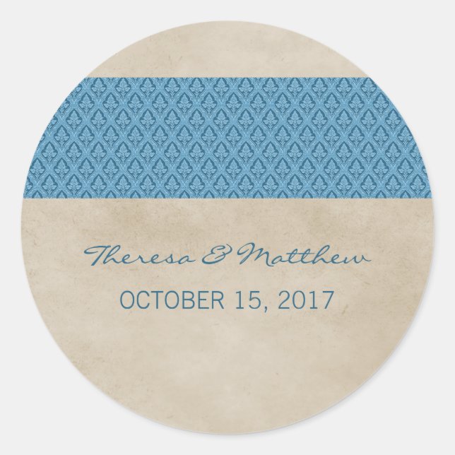 Blue Rustic Damask Wedding Stickers (Front)