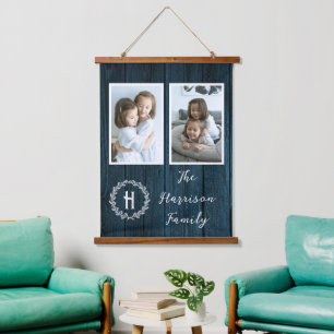 Blue Rustic Family Monogram Photo Hanging Tapestry