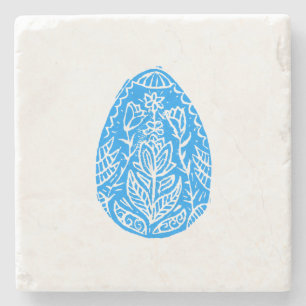 Blue Rustic Floral Easter Egg Linocut Stone Coaster