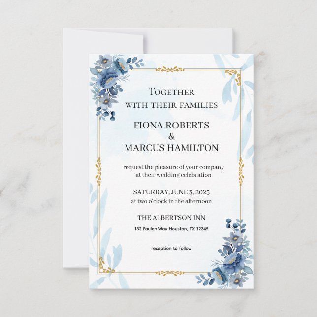 Blue Rustic Floral Elegant Save the Date (Front)