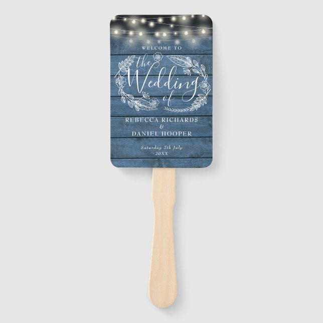 Blue Rustic Floral String Lights Wedding Program Hand Fan (Front)
