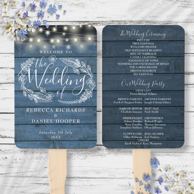 Blue Rustic Floral String Lights Wedding Program Hand Fan (Blue Rustic Floral String Lights Wedding Program Hand Fan)
