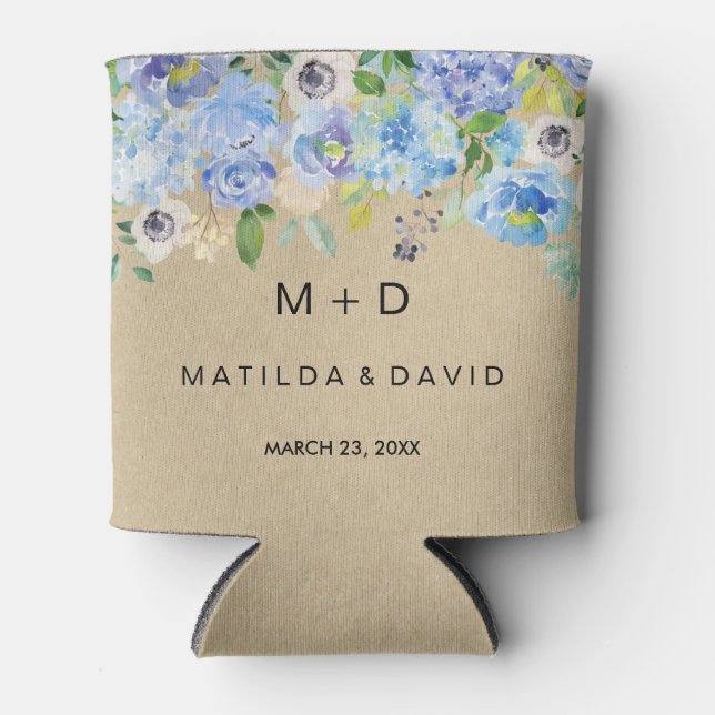 Blue Rustic Floral Wedding Can Cooler (Front)