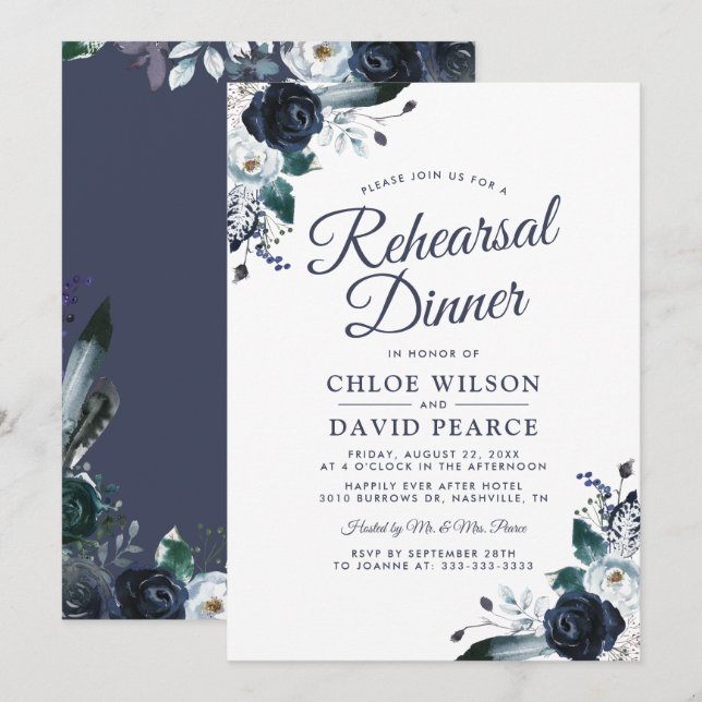 Blue Rustic Floral Wedding Rehearsal Dinner Invitation (Front/Back)
